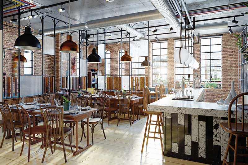 empty restaurant with rustic decor