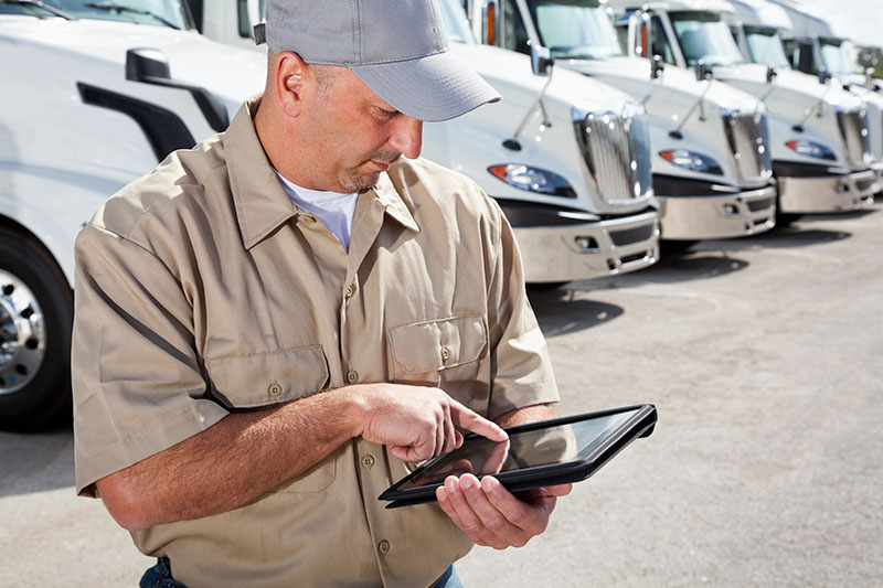 truck driver standing near a fleet of trucks